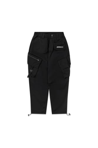 Image of URBAN MONKEY Ripstop Cargo Pants / / Black 65% Polyester 35% Ripstop Solid Relaxed Fit True to Size Full Length Contrast Stitch Detailing Button and Zip Closure with Belt Loops 12 Functional Pockets