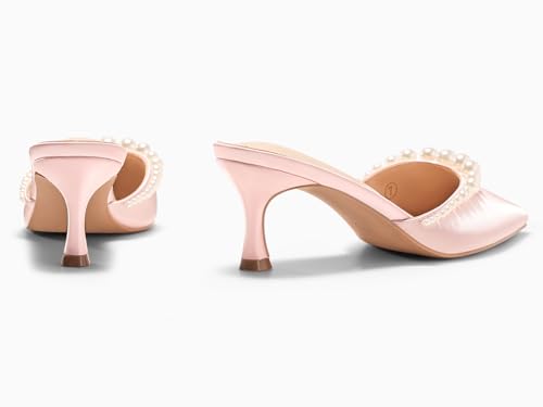 Image of Coutgo Womens Pearl Kitten Heels Closed Pointed Toe Wedding Bride Dress Shoes Ankle Strap Satin Pumps