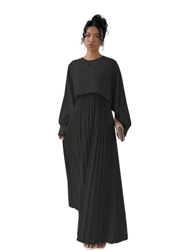 Image of LITZO Dress for Women || Women's Solid Pleated Maxi Dress || Modest Long Sleeve Loose Fit Flowy Gown for Casual, Office & Brunch || Lightweight Comfortable Western Outfit (T-L-17-18)