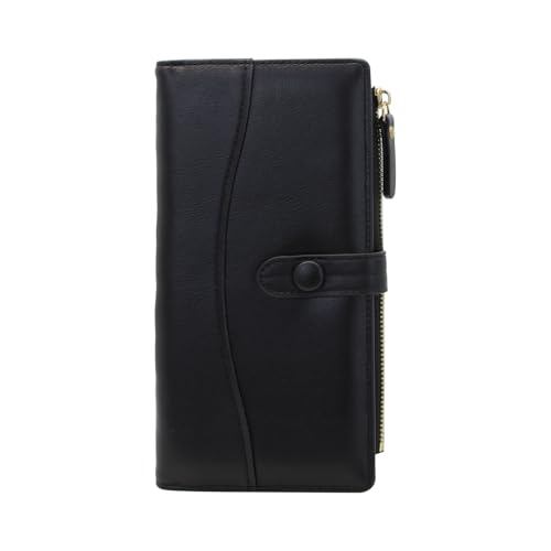 Women Wallet, Bifold Leather Clutch Wallet with Snap Zipper, Long Large Capacity Credit Card Wallet for Women (Black)