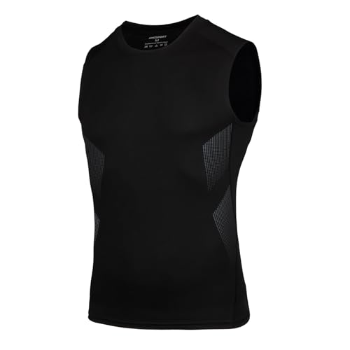 AMZSPORT Débardeur de Compression pour Homme, Tee Shirt sans Manche de Respirant Gilet de Gymnastique a Séchage Rapide Course Musculation, Noir L