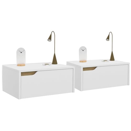 IDMarket Helsinki - Juego de 2 mesitas de noche para pared, diseño escandinavo, 1 cajón colgante, color blanco