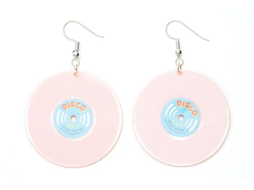 Boucles d'oreilles LP vinyle fait main en plastique rose et crochets plaqués argent