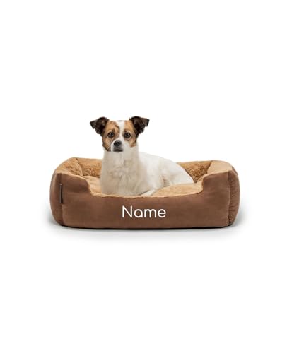 lionto Hundebett mit Wendekissen und Rutschfester Unterseite, Heimtierkissen mit tiefem Einstieg für Hunde und Katzen jeden Alters, 60x48 cm, kuscheliges Hundekissen, braun/beige (Namensaufdruck)