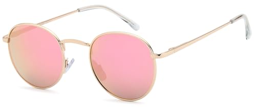 styleBREAKER Unisex Panto Sonnenbrille mit runden Gläsern | Metallrahmen mit Federscharnier & UV400 Schutz | verspiegelte oder getönte Flachgläser, Gestell Gold/Glas Pink verspiegelt