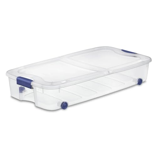 TNLOJI Blue Large Storage Bin, 66 Quart Clear Underbed Storage Container with Latch Lid and Wheels