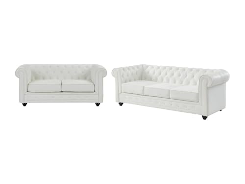 Vente-unique - Canapés 3 Places et 2 Places en Simili Blanc Chesterfield