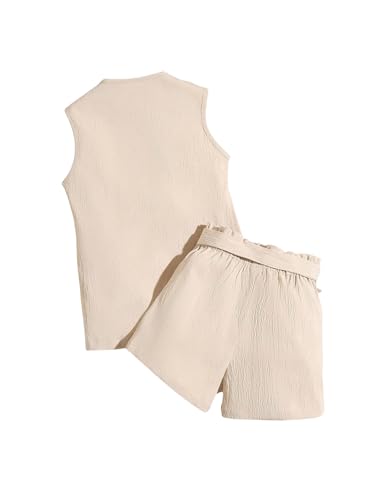 Image of SweatyRocks Girl's Two Piece Outfits Lapel Collar Sleeveless Vest Jacket and Belted Wide Leg Shorts Set