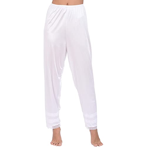 Womens Silk Pettipants Slip Ankle Length Snip-it Pant Liner Satin Culotte Slip Elastic Waistband Lace Sleep Pants (White, M)