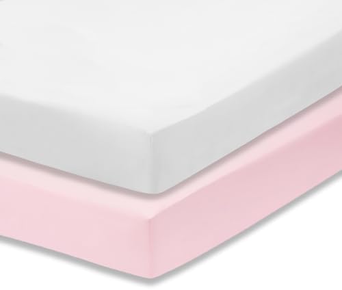Everyday Kids 2-Pack Fitted Crib Sheets, 100% Soft Breathable Microfiber Baby Sheet, Fits Standard Size Crib Mattress 28in x 52in, Pink Nursery Sheet and White Nursery Sheet