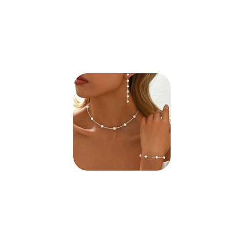 Pearl Necklaces for Women Trendy, 18K Gold/Silver Plated Layered Pearl Necklace Dainty Pearls Choker Necklace and Earring Set Simple Pearls Bracelets Wedding Prom Gold Jewelry for Women Gifts