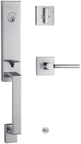 TOGU Single Cylinder Front Door Handleset with Lever in Satin Nickel,Contemporary Entry Door Lockset for Home Exterior Doors