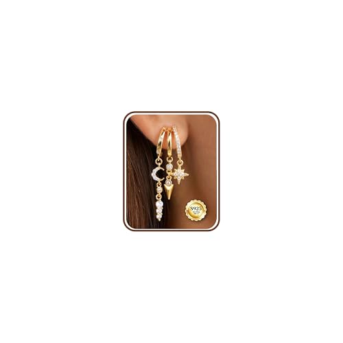 CASSIECA Boucles d'Oreilles Pendantes Femme Plaqué Or 14K Lune et Étoile Triple Créoles Argent...