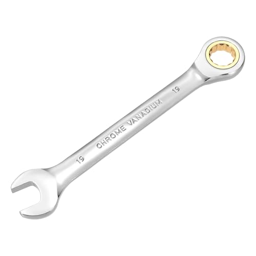 sourcing map Ratcheting Combination Wrench 19mm Metric 12 Point CR-V Steel Chromed Lengthen Double Box Open-Ended Ratchet Wrenches with 72 Tooth and 5° Swing Gear Spanner Tool for Repair