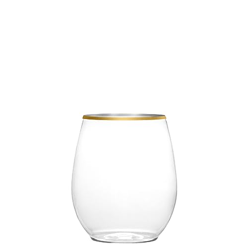 EcoQuality 12 oz Clear Plastic Stemless Wine Glasses with Gold Rim, Disposable Unbreakable Shatterproof Elegant and Reusable Wine Tumbler for Partys, Weddings, Ideal for Indoor or Outdoor Events (12)