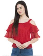 BFM Women's Red Ruffled Cold Shoulder Top