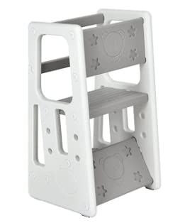 Kids Kitchen Step Stool With 3 Height Adjustments | Toddler Learning Tower With Safety Rails Grey