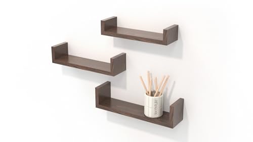 Image of Engineered Wood Wall Shelves for Living Room Wall Mounted Book Shelf,Hanging Shelf for Room,Wall & Home Decor Items | Storage Organizer U Shape Corner Wall Shelf | Set of 3 (Flowery Wenge)