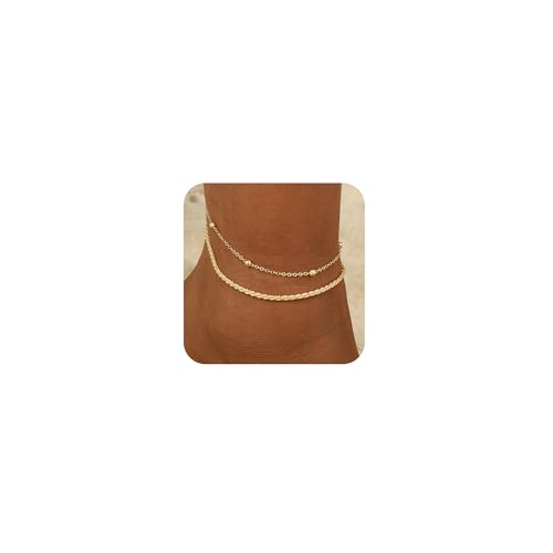 Image of 2 /3 PCS Gold Anklets for Women Waterproof Cuban Link Anklet Beaded Bracelets Stackable Bracelets 14K Gold Plated Custom Jewelry Gifts Non Tarnish Lightweight