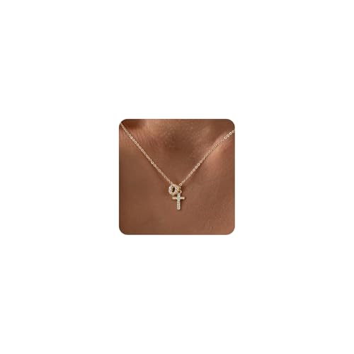 GINAZL Gold Necklace Cross, 14K Gold Plated Cubic Zirconia Cross Pendant Necklace | Cross Faith Pendant Necklaces | Baptism Gifts for Women (ICO)