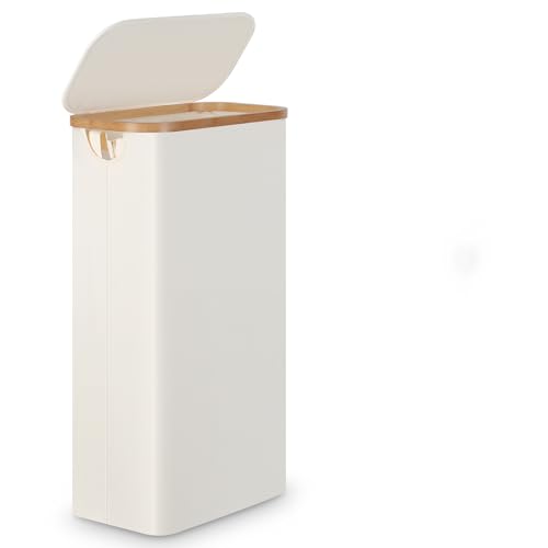 Image of efluky Slim Laundry Basket with Lid, Tall Laundry Hamper with Removable Bag, Narrow Dirty Clothes Hamper with Bamboo Handles for Bathroom, Bedroom and Laundry Room, 63L Beige