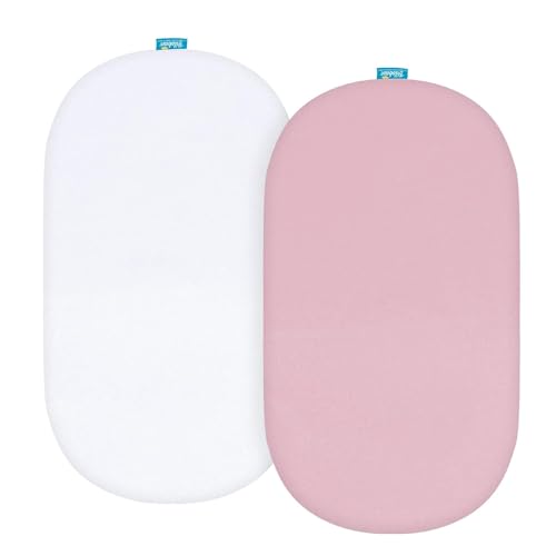 Image of Bassinet Sheets Fit for Rectangle, Hourglass or Oval Bassinet Mattress, Universal Fitted Sheet Set for Various Bassinet Mattress Pad, 2 Pack, Ultra Soft Microfiber Sheets, White & Pink