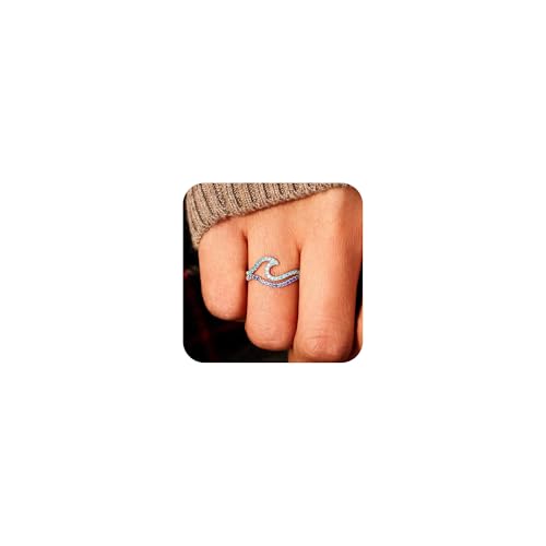 Cutesmile Wave Ring Fashion Jewelry 925 Sterling Silver Double Layer Full Shiny CZ Crystal Gradient Blue Wave Open Adjustable Ring for Women
