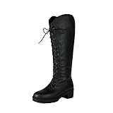 Generisch Damen Stiefel Vintage Schnürstiefel Kniehoch - Reitstil Mit Blockabsatz Für Herbst Und Winter,Schwarz,42 EU