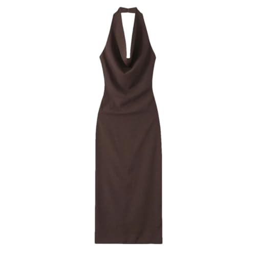 Damen-Midikleid im europäischen und amerikanischen Stil, Temperament, drapiert, Neckholder-Kleid, braun, XS