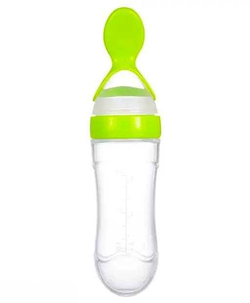 Food Feeding Spoon with Squeezy Food Grade Silicone Feeder Bottle for Infant Baby – 90ml (Green) (Pack of 1)
