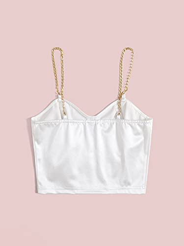 Romwe Women's Sleeveless Chain Spaghetti Strap Stain Cami Crop Top Bustier White M - Image 4