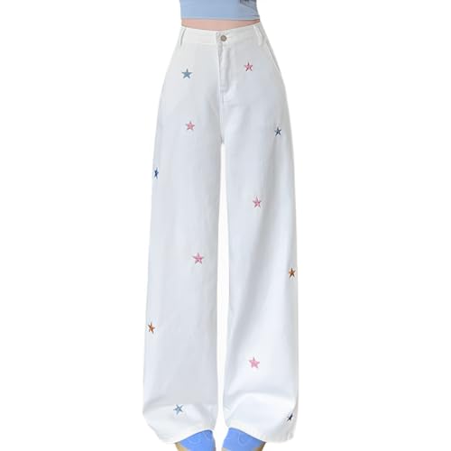 Women's Kawaii Casual Straight Leg High Waisted Jeans Y2K Fashion Cute Colorful Star Embroidered Denim Pants