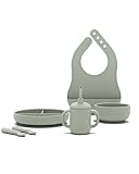 Lalo First Bites Silicone Baby Feeding Set - Baby Led Weaning Supplies - Non-Toxic Silicone - Includes 1 Bib, 2 Spoons, Training Cup, Suction Plate and Bowl - 6 Pieces - Sage