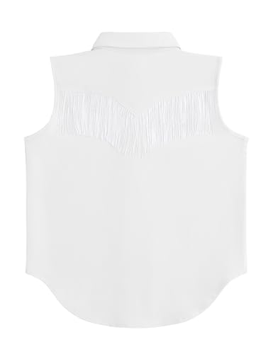 Girls Fringe Shirt Sleeveless Button Down Western Cowgirl Tassel Trim Casual Blouse Shirt Top 4-13Y2