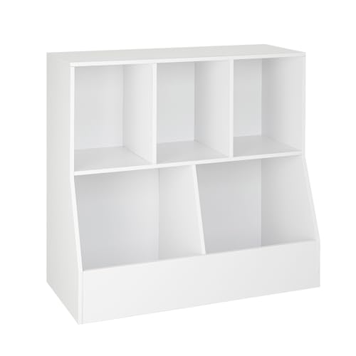 Image of DINZI LVJ Toy Storage Organizer, Kids Bookshelf, Wood Toy Storage Cabinet, 5 Cubby Children Bookcase, 31.5" L Toddler Book Shelf for Playroom, Living Room, Nursery, Hallway, School, White