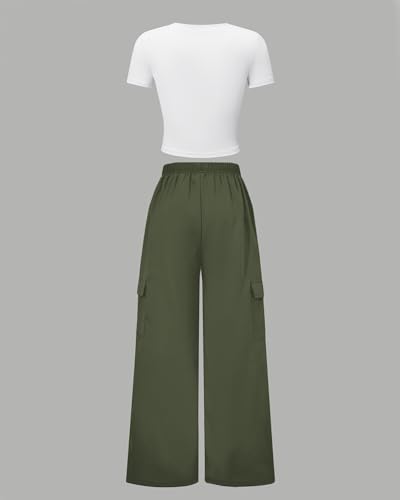Image of Betusline Girls 2 Piece Outfits Short Sleeve Crop Top & Parachute Cargo Pants Set,4T-14 Years