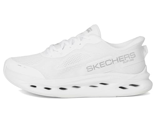 Skechers Women's Max Cushioning Glide Step Caledonia Hands Free Slip-ins Sneaker, White/Silver, 9.5