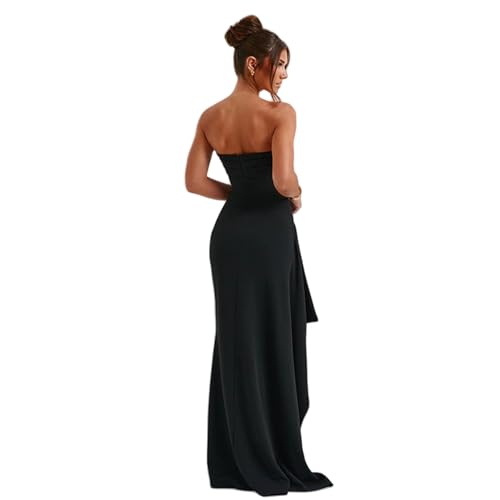 Image of Women's Off Shoulder Backless Ruched Bodycon Dress Sexy Strapless High Split Long Maxi Dresses for Party Cocktail