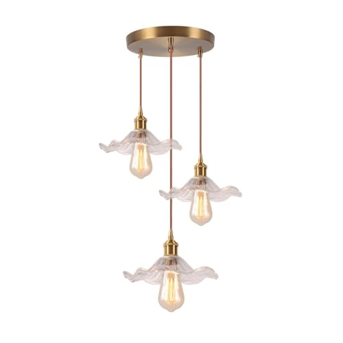 LIGINOK 3 Lampes Suspension Luminaire Industrielle Vintage Lustre en Verre Transparent Fleurs E27 Lampe à Suspension de Table de Salle à Manger Réglable en Hauteur...