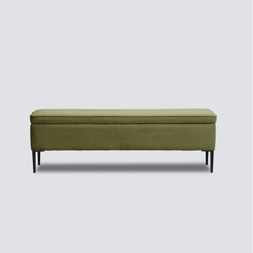 Image of Luxury 2 Seater Velvet Storage Bench Sofa for Living Room & Bedroom | Long Upholstered Ottoman Bench with Hidden Storage | Modern End of Bed Bench Seating with Metal Legs, Olive Green
