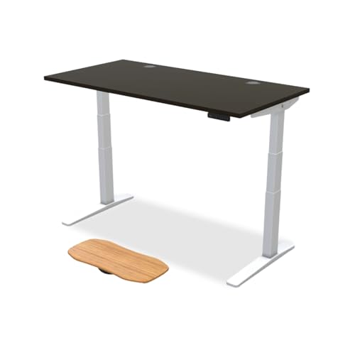 Image of UPLIFTDESK Black Bamboo (60 x 30 inch) Standing Desk 2-Leg V3 Adjustable Stand Up C-Frame (White), Advanced Keypad, Wire Grommets, Wire Tray, Rocker Board