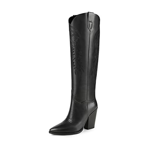 ISNOM Black Cowgirl Boots for Womens Western Boots Tall Black Cowboy Boots for Women Knee High Western Boots for Women Tall Cowboy Boots Women High Heel Wide Calf Cowboy Boots Women Cowboy Boots Cover
