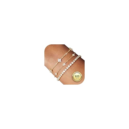 Finrezio 3 Stück Armband Damen Gold 14 Karat Vergoldet Armbänder Sterling Silber 925 Gold Tennis Armbänder Damen Mit Cubic Zirkonia Verstellbare Armband Gold Schmuck Geschenk für Damen