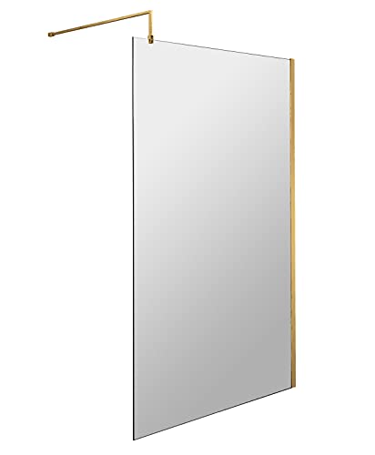 nuie WRSCBB011 Modern Bathroom 8mm Toughened Safety Glass Wetroom Screen with Support Bar, 1100mm, Brushed Brass