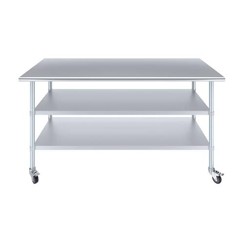 Image of AmGood Stainless Steel Work Table with 2 Shelves and Casters | Metal Utility Table On Wheels (Stainless Steel Work Table with 2 Shelves + Casters, 72 inch Long x 30 inch Deep)