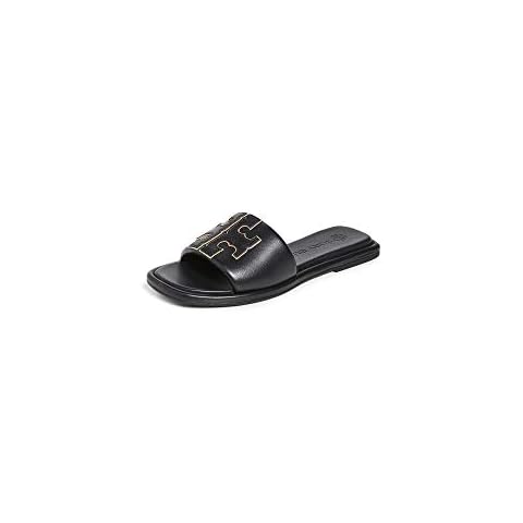 Tory Burch Women's Double T Sport Slides, Perfect Black/Gold, 8 Medium US Cover