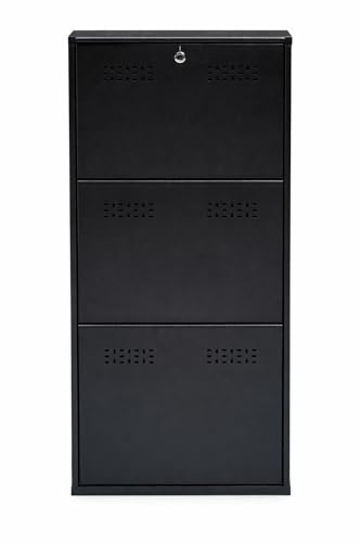 Image of 3 Door Wall Mounted Metal Shoe Rack with Lock | Foldable Shoe Cabinet | Space Saving Shoe Organizer for Home | Ventilated Steel Shoe Stand Holds 9 -18 Pairs (Black)