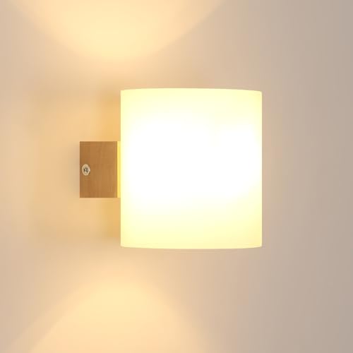 Mckalen Applique da Parete Interno Legno, Lampada da Parete Vintage E27 con Paralume in Vetro, Lampada a Muro Soggiorno per Camera da Letto, Cucina, Sala da Pranzo, Corridoio(Senza Lampadina)