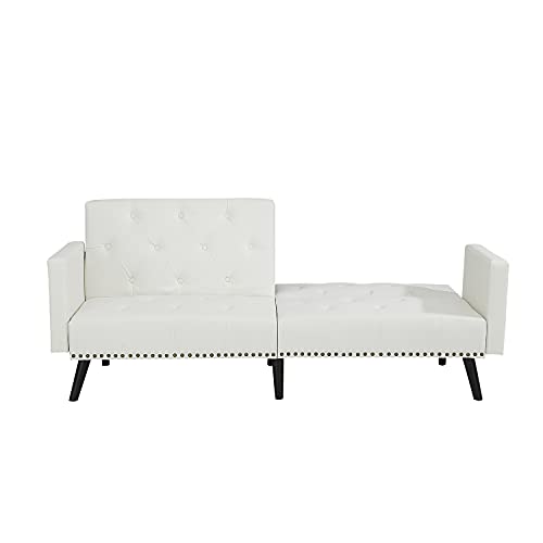 Tufted Split Back Futon, Mid Century Modern Convertible Sofa Bed For Small Rooms, Faux Leather Couch With Elegant Design, Perfect For Your Modern Living Room Or Guest Room - White, Faux Leather #TOP6