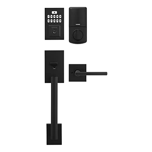 Weiser Matte Black Front Door Lock and Handle Set, SmartCode Keypad Door Lock with San Clemente Handleset & Halifax Interior Door Handle, Keyless Entry Door Lock, Front Door Handles with Deadbolt Lock by Weiser - Used condition - CA$181.38